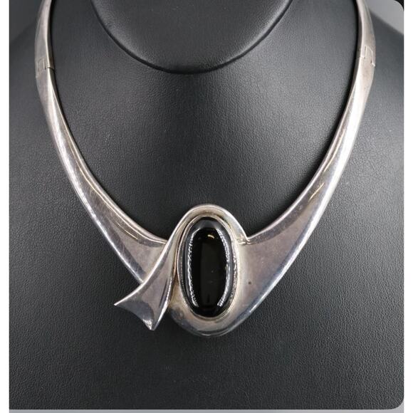 Alicia de la Paz Taxco Mexico 950 Silver Obsidian Modernist Collar Necklace 114g - Picture 11 of 12